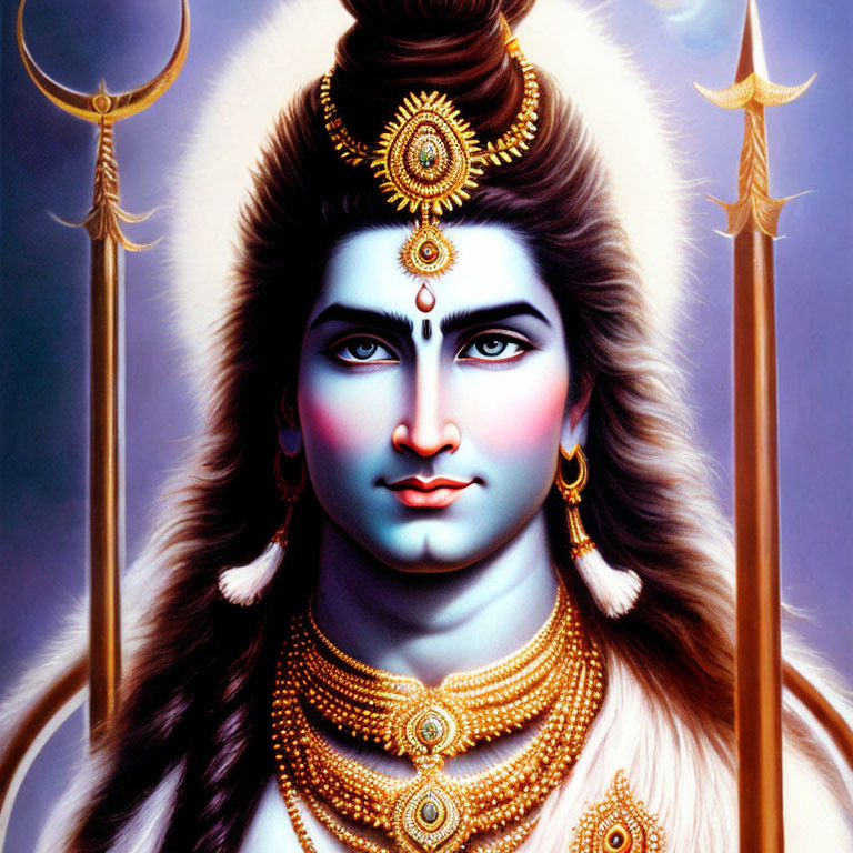 Blue-skinned Hindu deity with trident and third eye portrait.