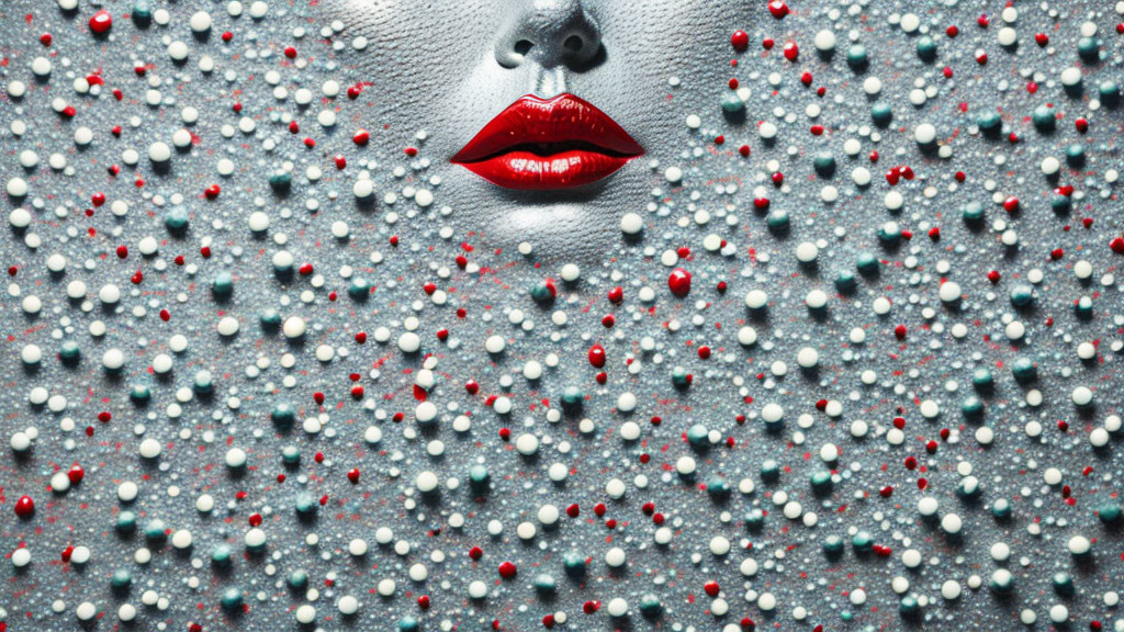 Close-Up of Face with Silver Glitter Skin and Red Beads Droplets