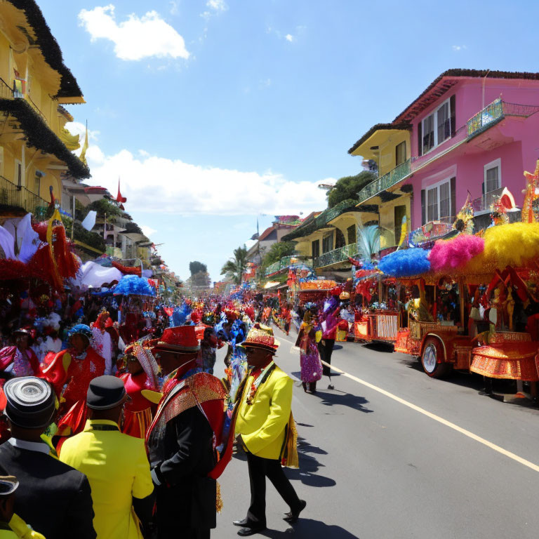 Colorful Street Parade with Feathered Headdresses and Historic Buildings