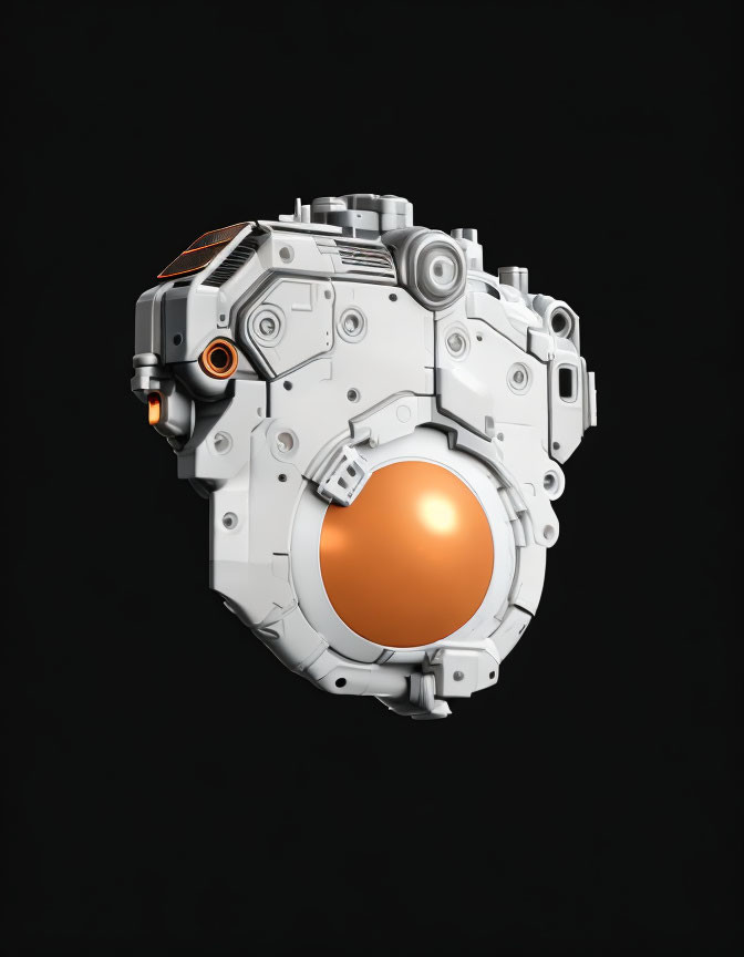 Futuristic white mechanical device with orange core on black background