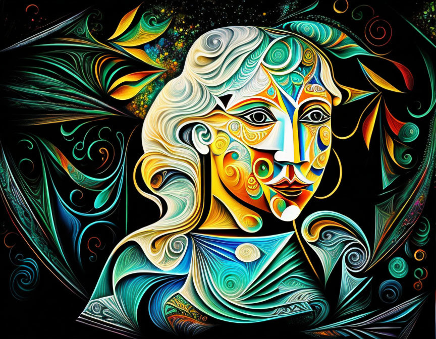 Abstract Cubist-inspired female face art with colorful, celestial patterns