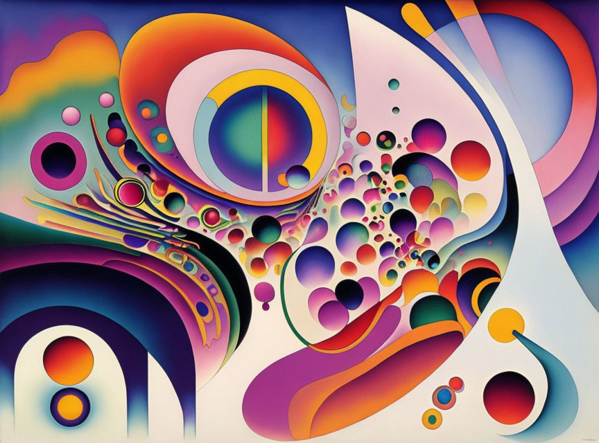 Colorful Abstract Painting with Flowing Shapes and Circular Motifs