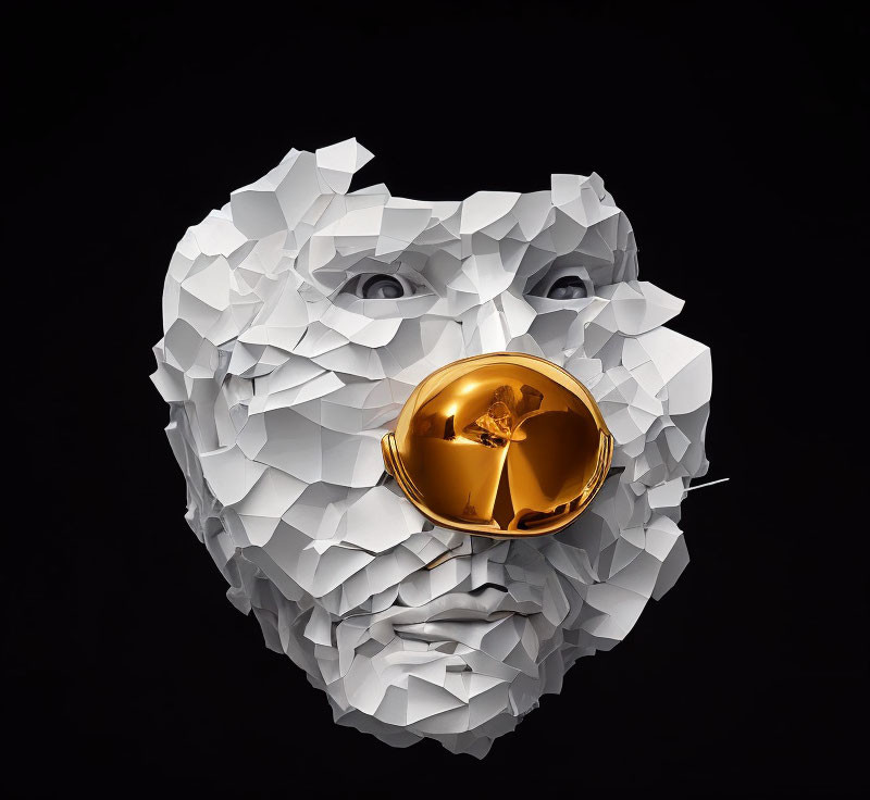 Fragmented white surfaces with golden astronaut helmet visor on human face