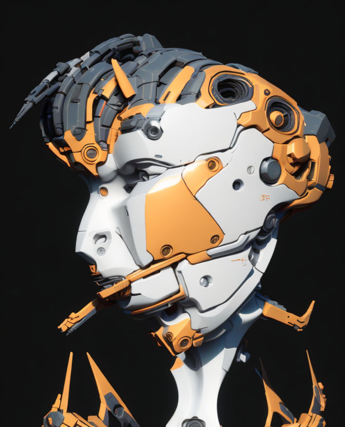 Robot head 3D illustration with white and orange plates on dark background