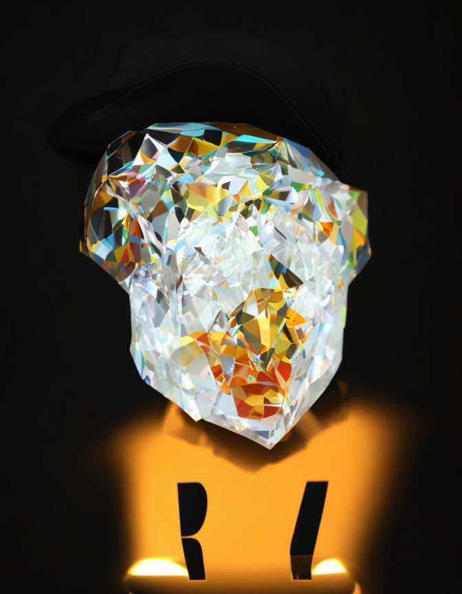 Faceted crystal diamond with shadowy hat silhouette and yellow "R" base