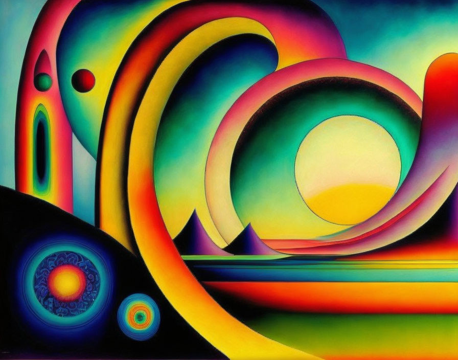 Colorful abstract painting with interlocking curves and circles on warm gradient background.