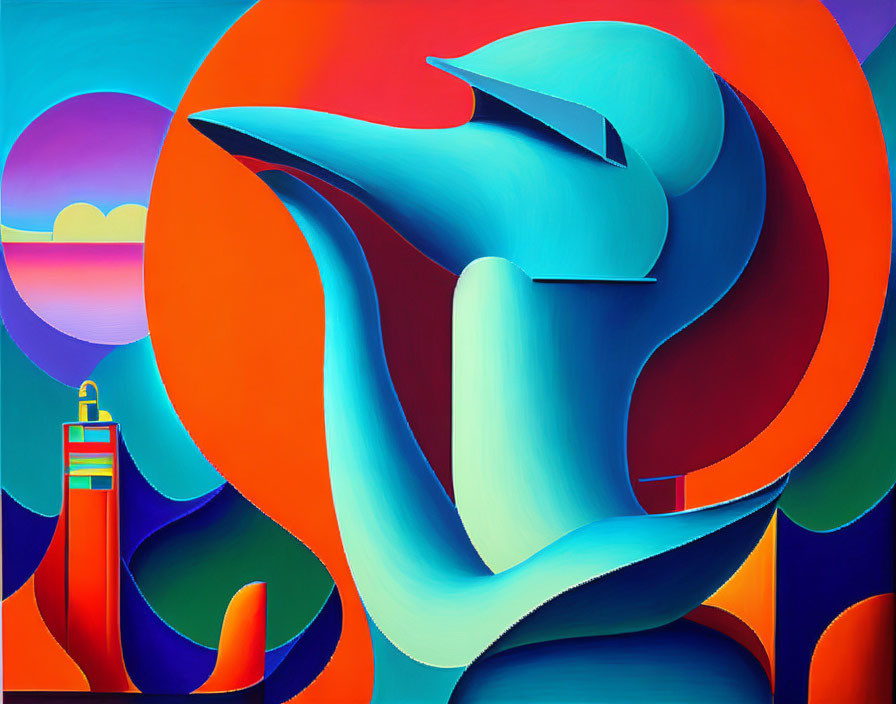 Vibrant abstract art: fluid shapes, lighthouse, blues, oranges, purples