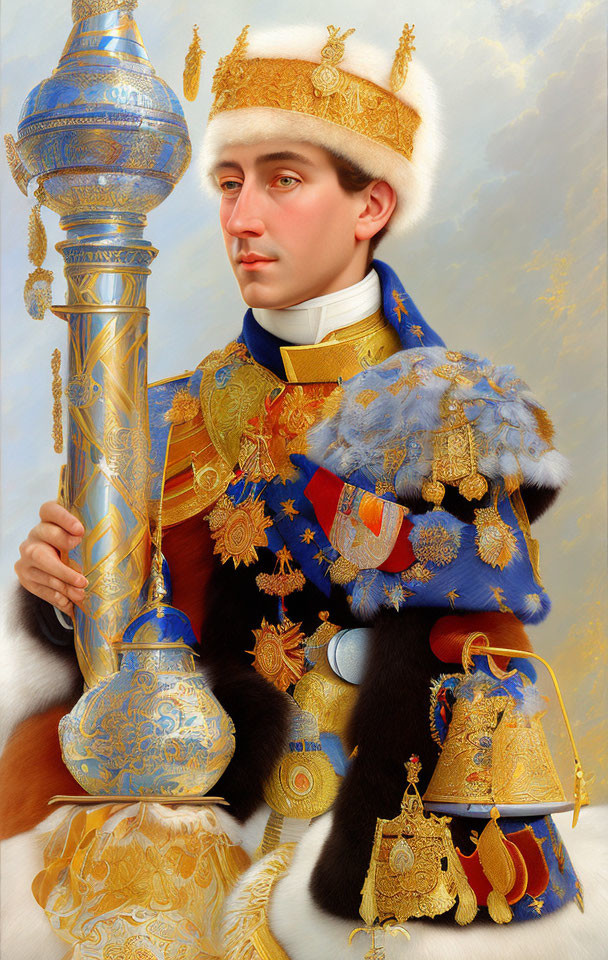 Portrait of a person in ornate uniform with medals, fur cloak, and hat