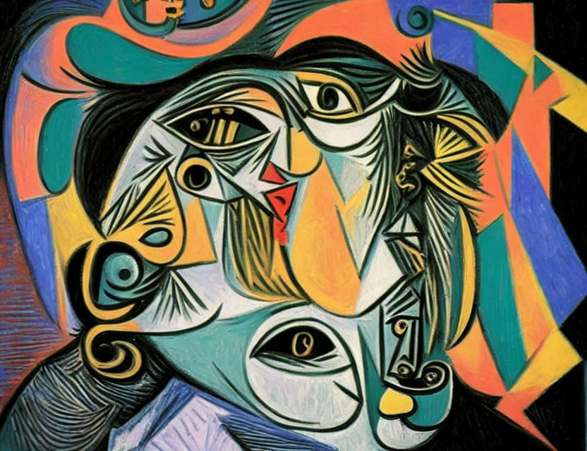 Colorful Cubist Painting of Distorted Face and Geometric Shapes