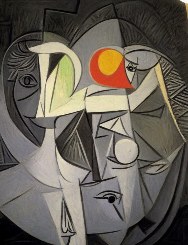 Geometric Cubist painting with fragmented figures and red sun/moon