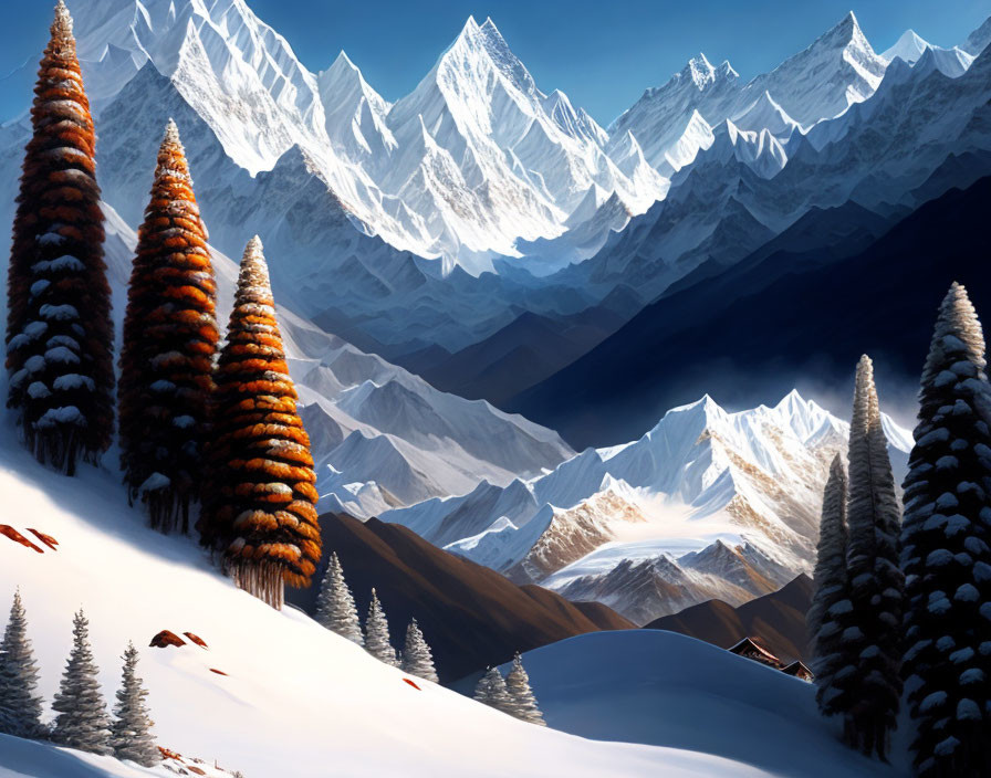 Winter scene: snow-covered landscape, evergreen trees, mountain peaks