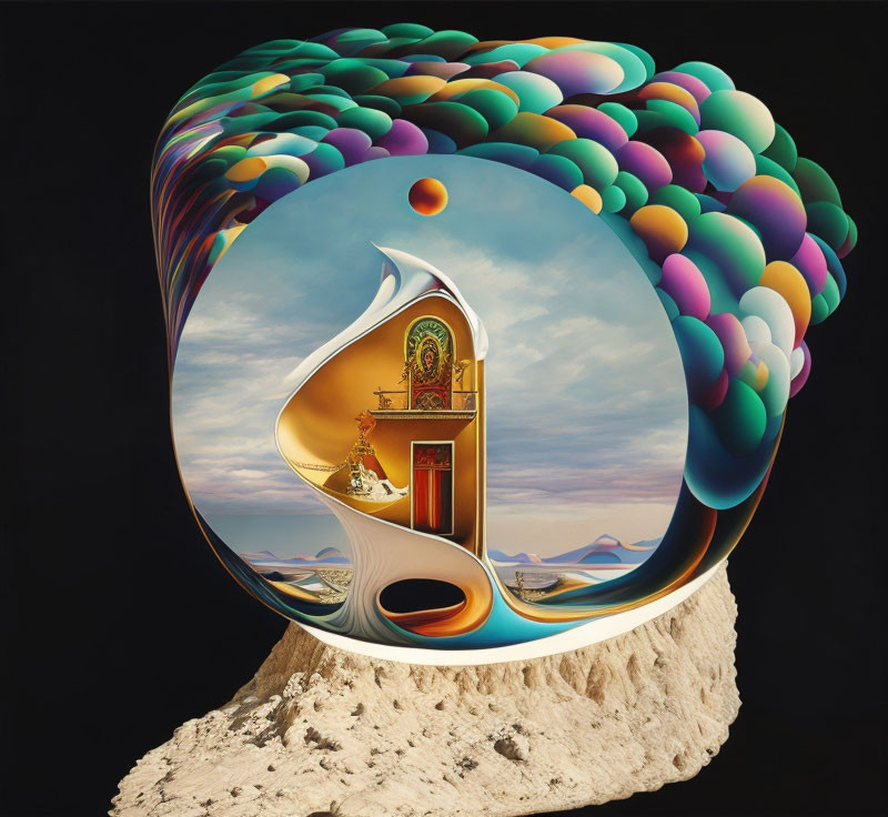 Colorful Circular Surreal Artwork with Classical Doorway and Desert Landscape
