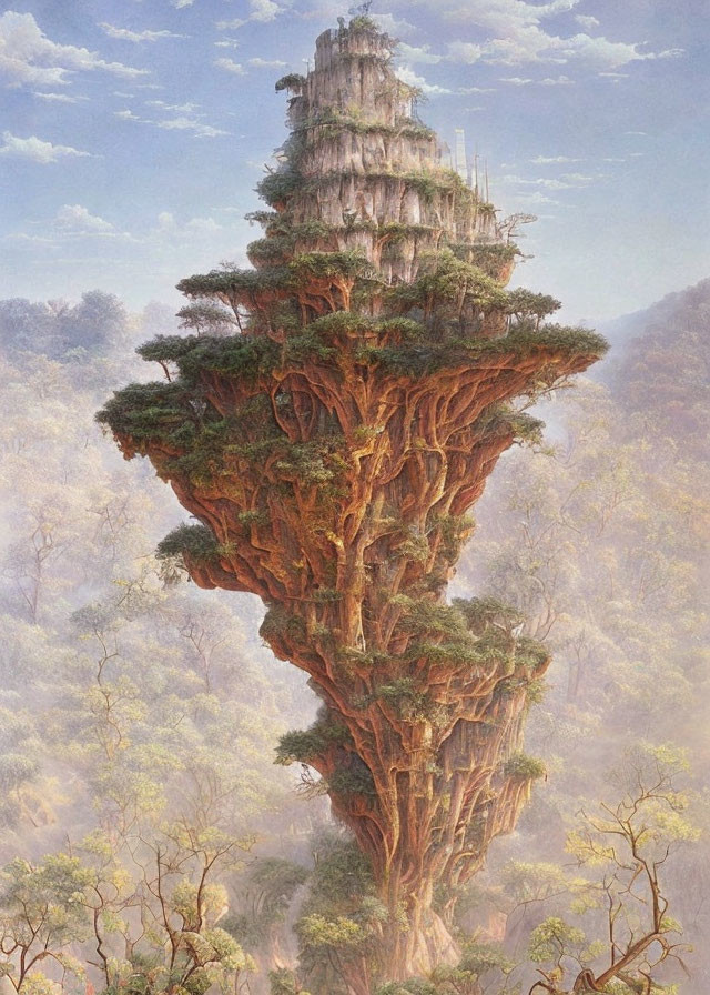 Majestic tree with stone temple in misty forest