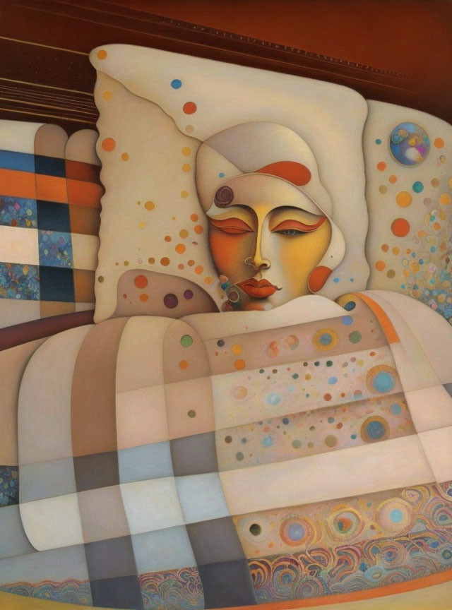 Surreal painting featuring face merged with bed and colorful patterns