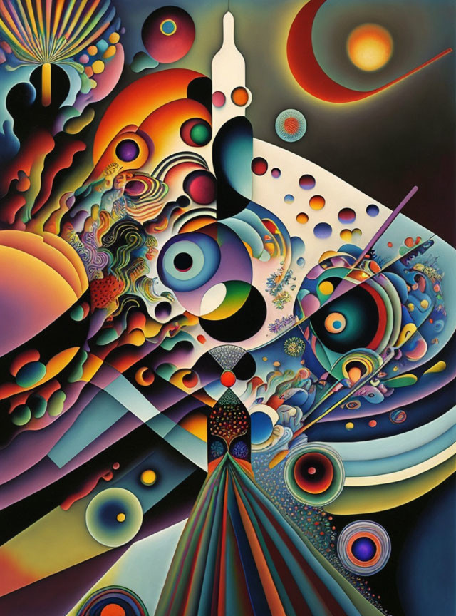 Colorful Abstract Painting with Circles and Cosmic Motifs