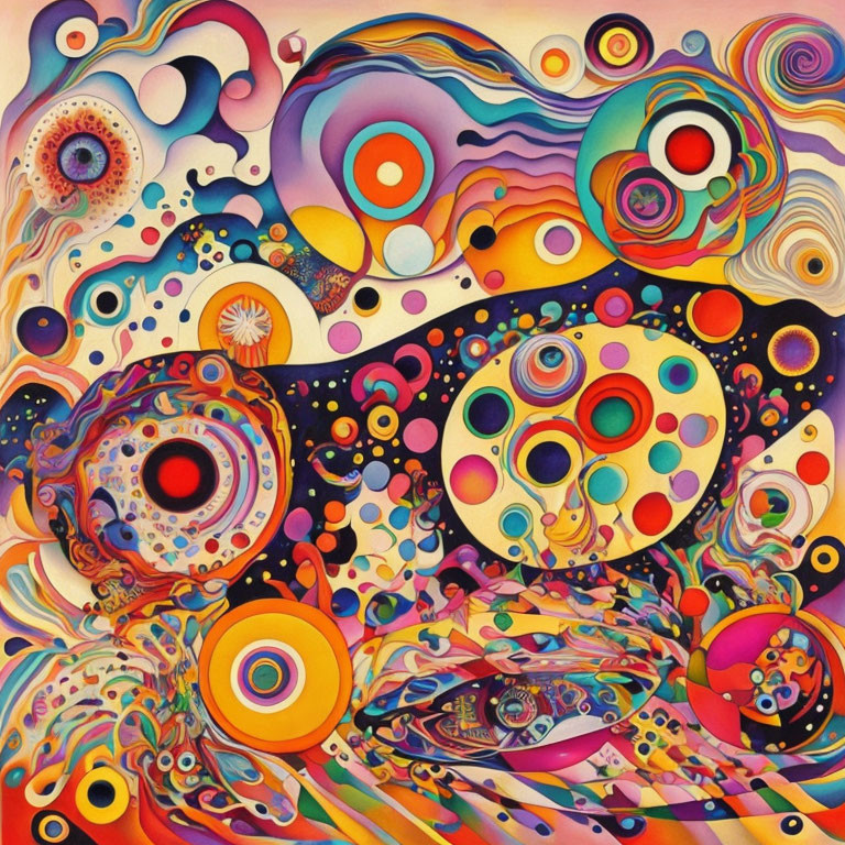 Colorful Abstract Artwork with Psychedelic Swirls and Wave-Like Patterns
