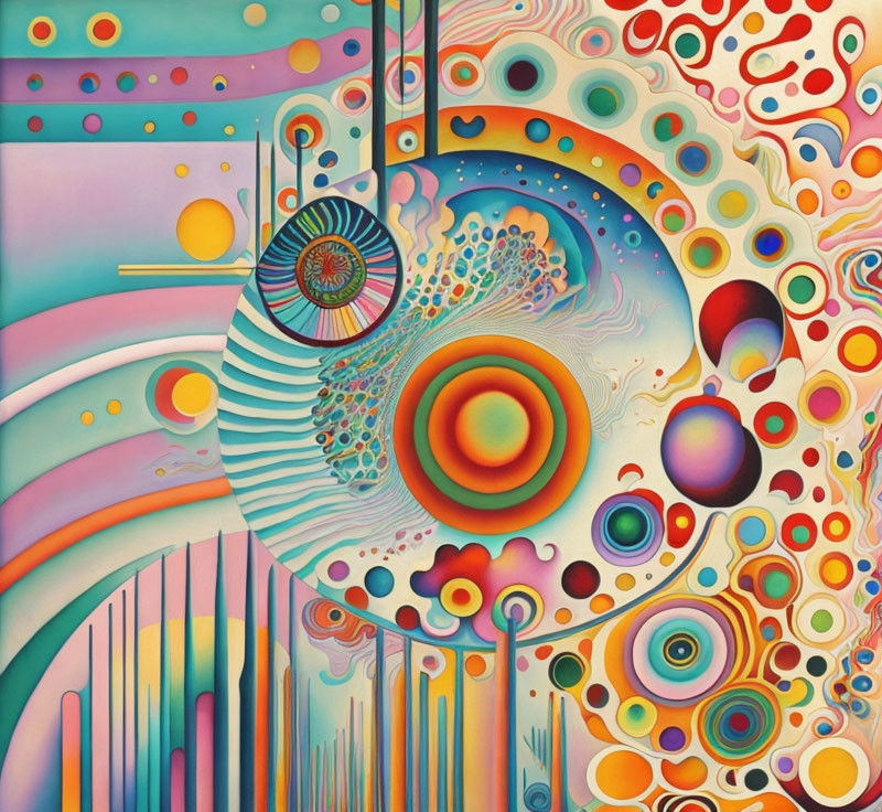 Colorful Abstract Painting with Circles, Swirls, and Dotted Patterns
