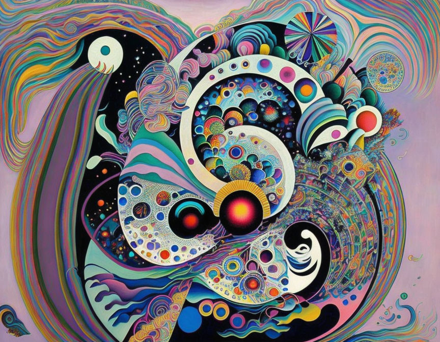Colorful Abstract Painting with Swirling Patterns and Cosmic Motifs