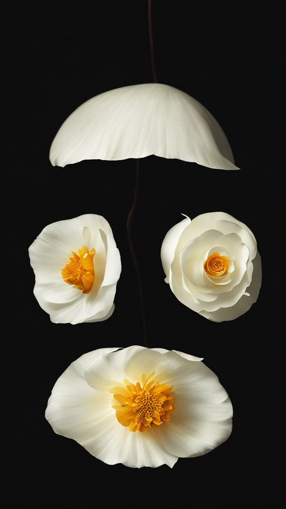 White and Yellow Flowers on Black Background Vertical Arrangement