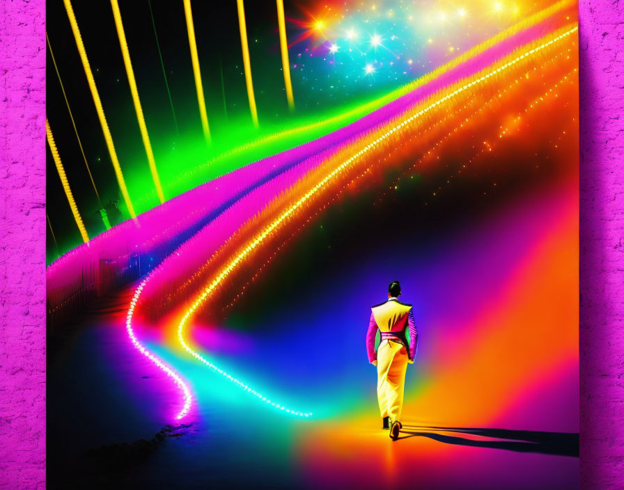 Person in Traditional Attire Walking Towards Vibrant Neon Lights at Night