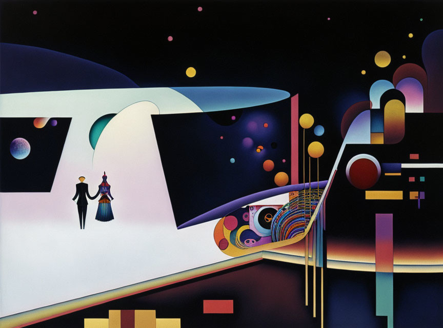 Vibrant surrealistic painting with figures on a cosmic bridge.
