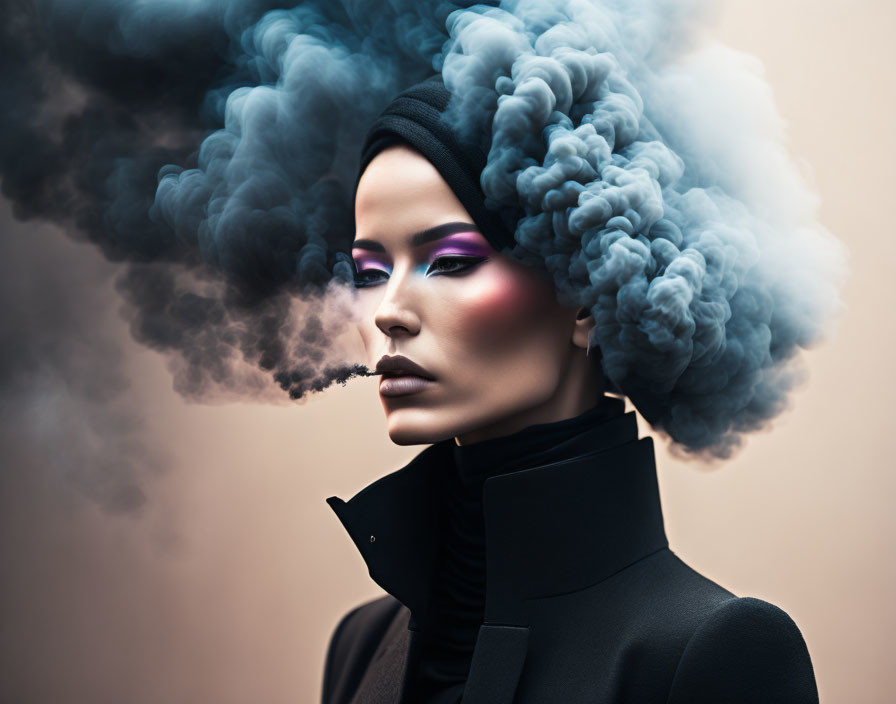 Woman with dramatic makeup and headscarf exhales smoke on neutral background