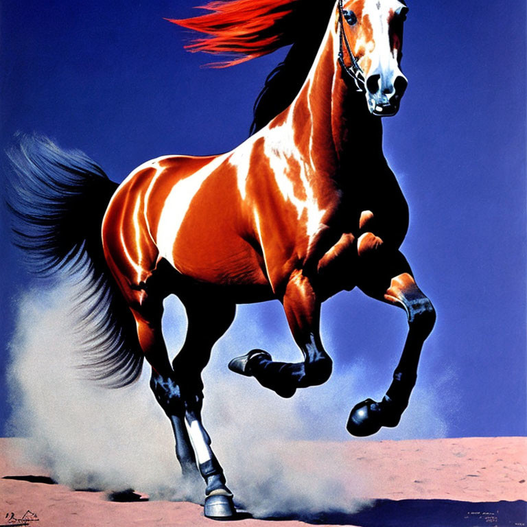 Colorful chestnut horse galloping on blue background