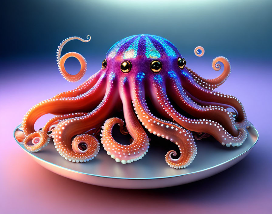Vibrant 3D octopus illustration on white plate