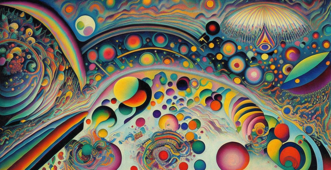 Colorful Psychedelic Artwork: Swirling Patterns, Spheres, and Abstract Shapes
