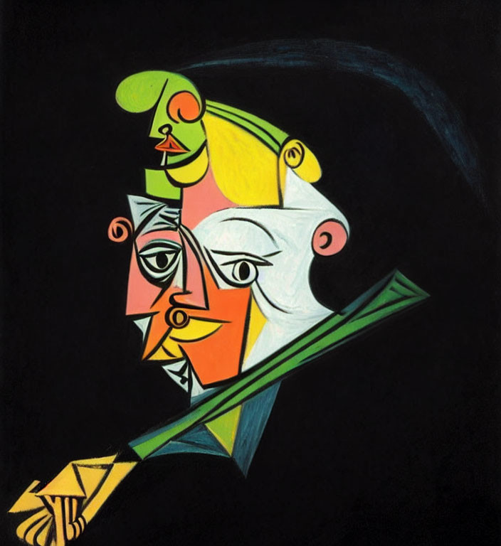 Geometric Cubist Portrait in Yellow, Green, and White on Black Background