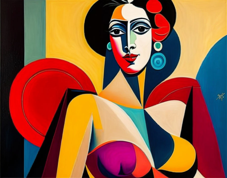 Vibrant cubist artwork featuring stylized woman with abstract geometric shapes