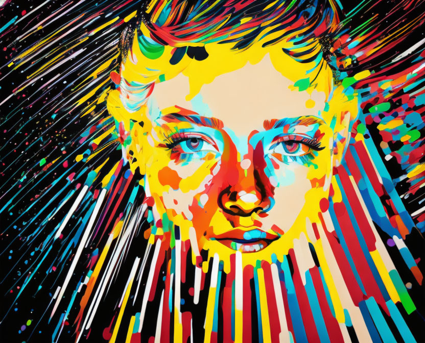 Colorful Pop Art Portrait of Woman with Dripping Paint and Streaks