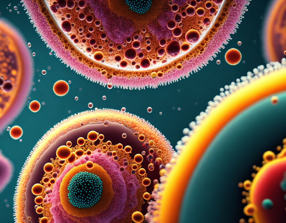 Vibrant digital art of stylized cells on dark background