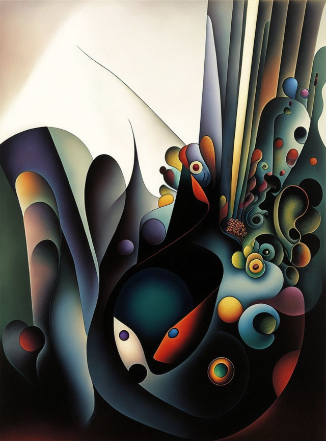 Vibrant Abstract Painting with Fluid Shapes and Spherical Forms