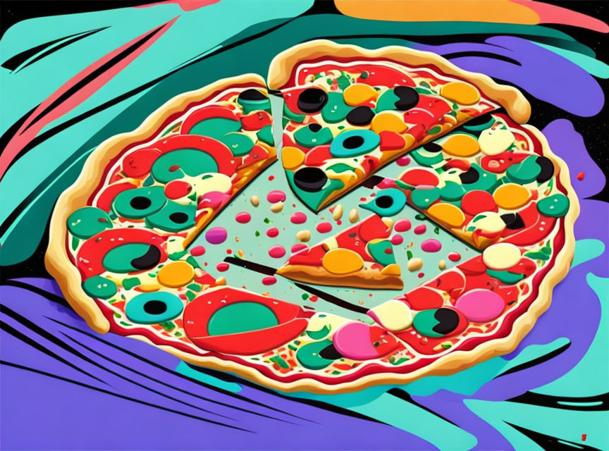 Vibrant stylized pizza illustration with abstract shapes.