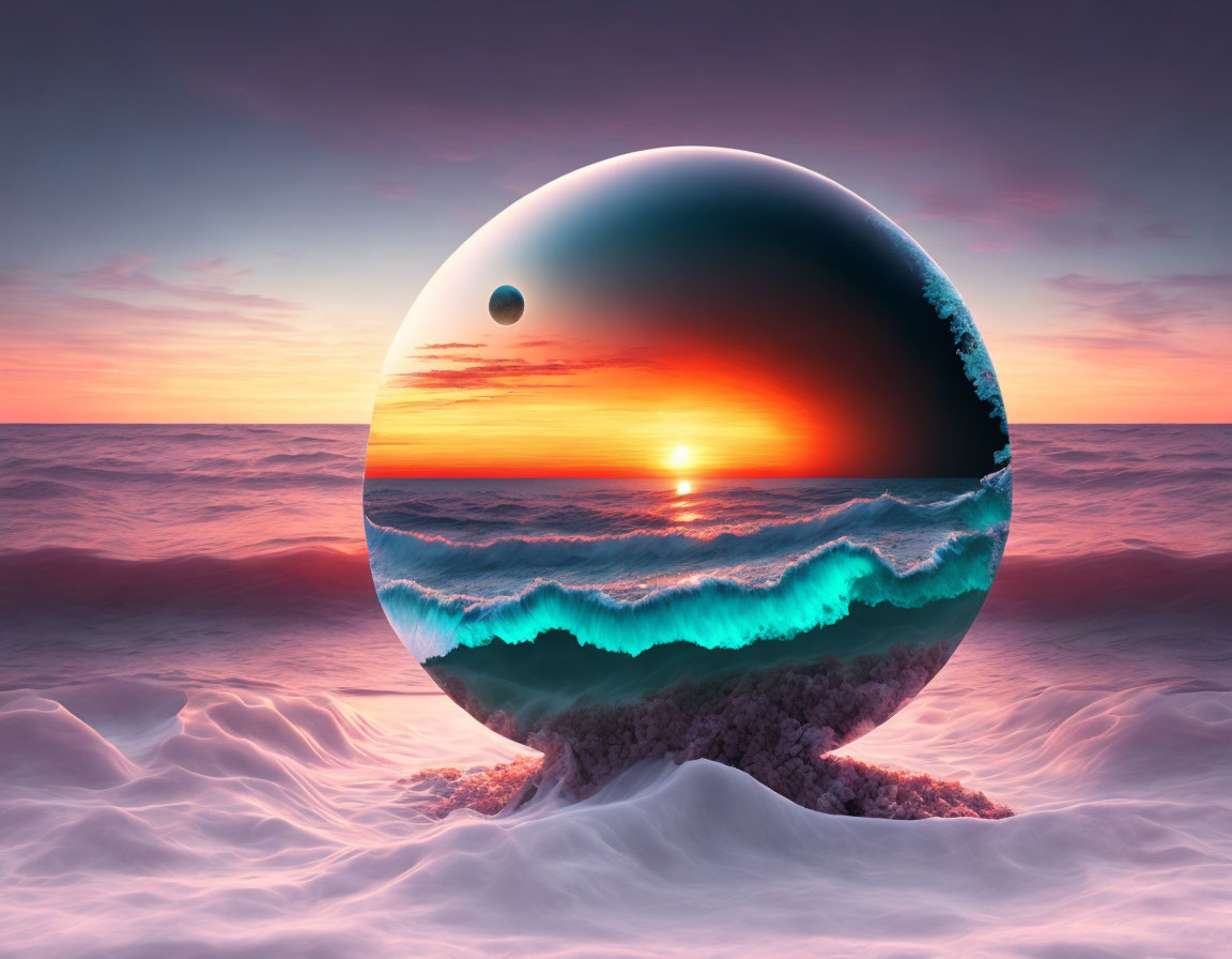 Large glossy sphere reflecting seascape with vivid sunset and small moon.
