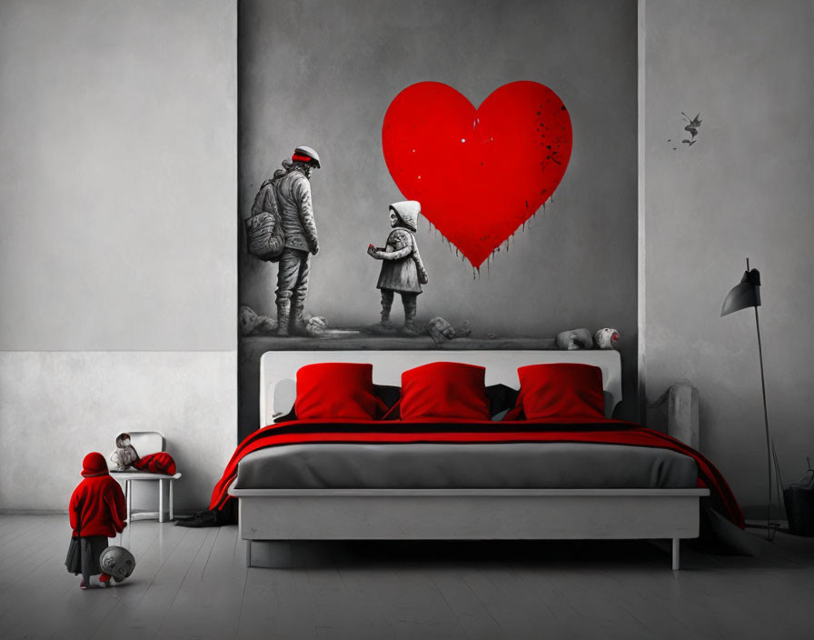 Monochrome room with red bed & astronaut mural