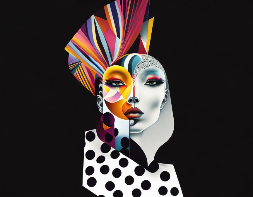 Vibrant digital art: Female figure with divided face in colorful geometric and grayscale dotted design