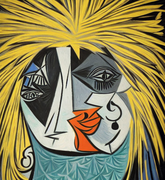 Cubist abstract painting of fragmented face in yellow, black, white, blue, and orange.