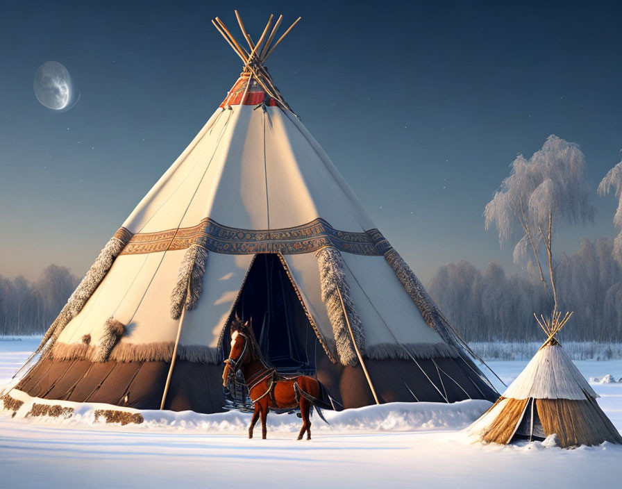 Traditional teepee and horse in snowy twilight landscape.