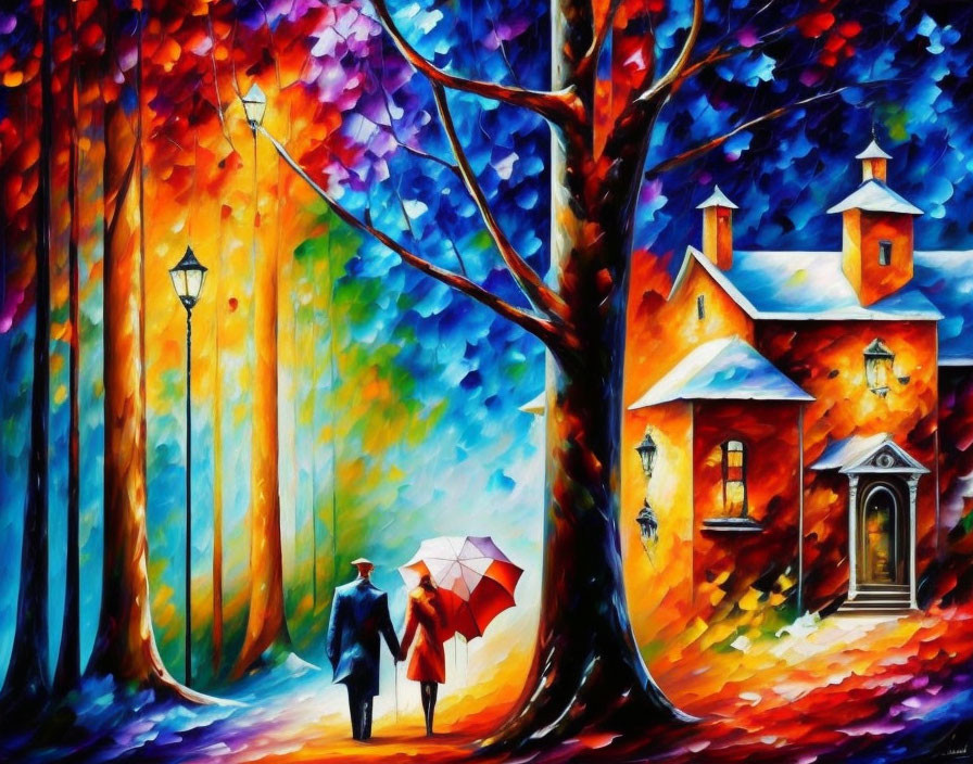Colorful painting of couple walking under trees near cottage with street lamps, warm hues.