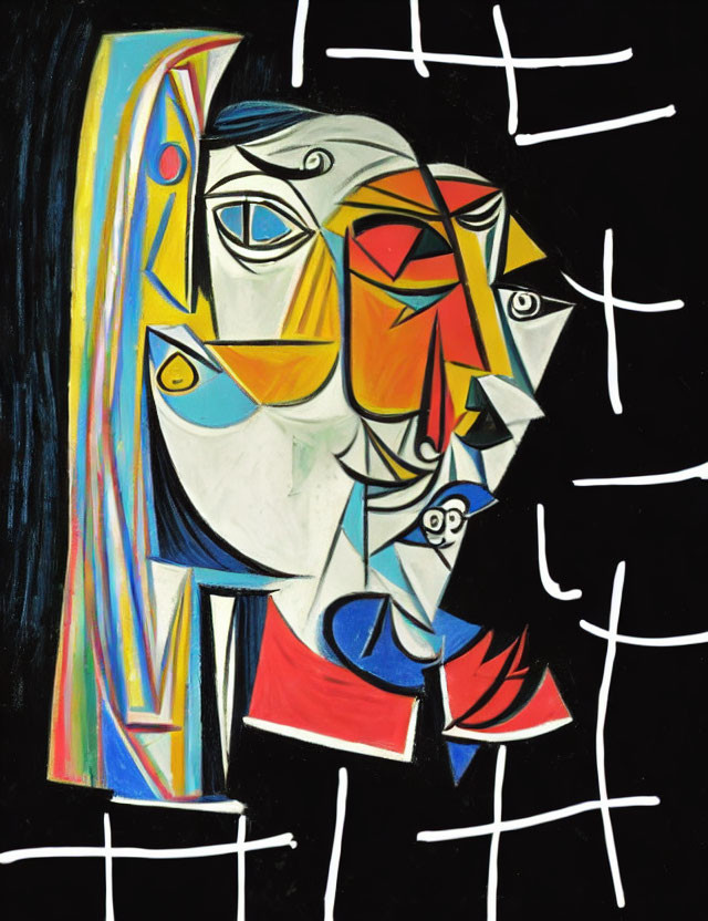 Colorful Cubist Human Face on Black Background with Geometric Shapes