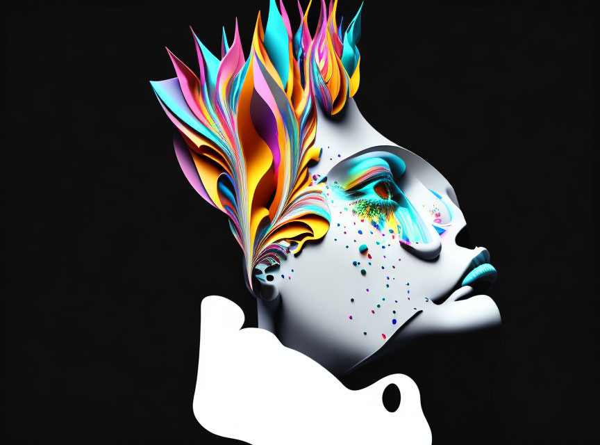 Colorful Digital Art: Stylized Face Profile with Vibrant Feather-Like Elements