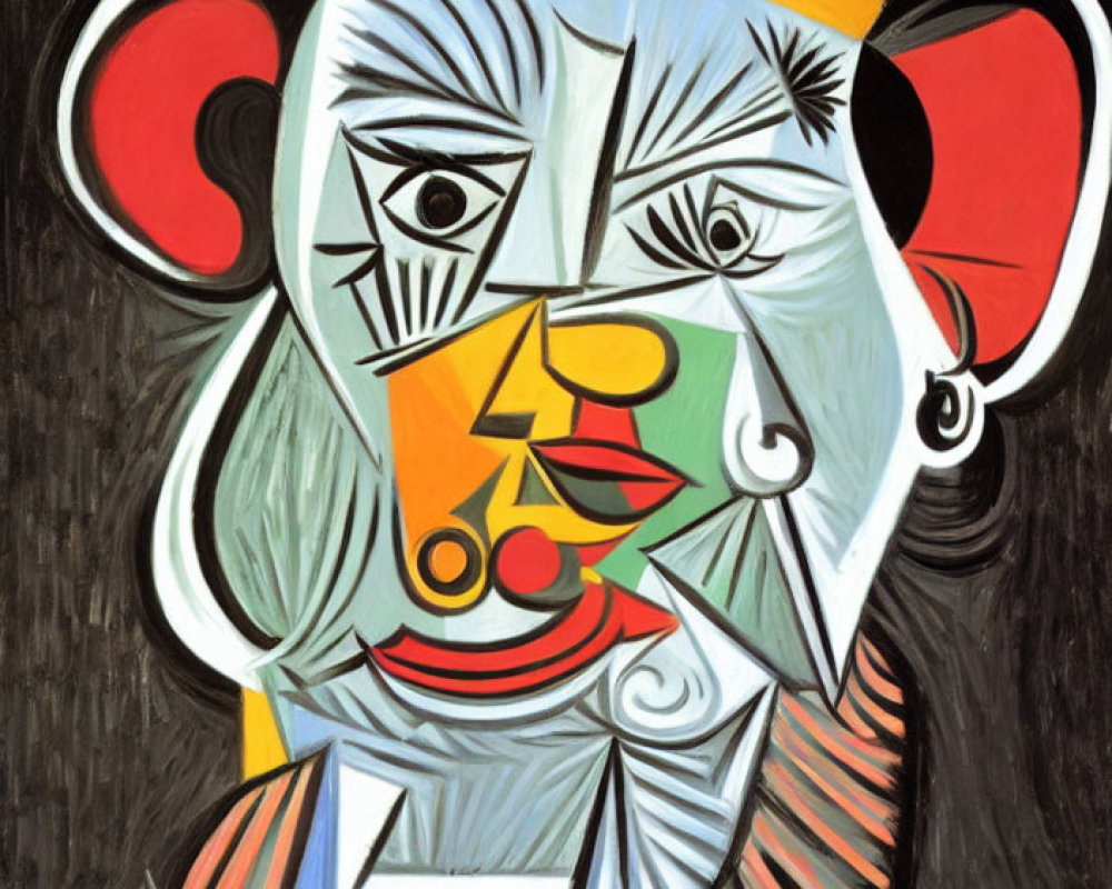 Colorful Cubist Portrait with Geometric Shapes on Dark Background