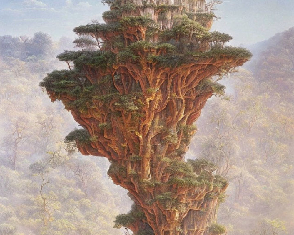 Majestic tree with stone temple in misty forest