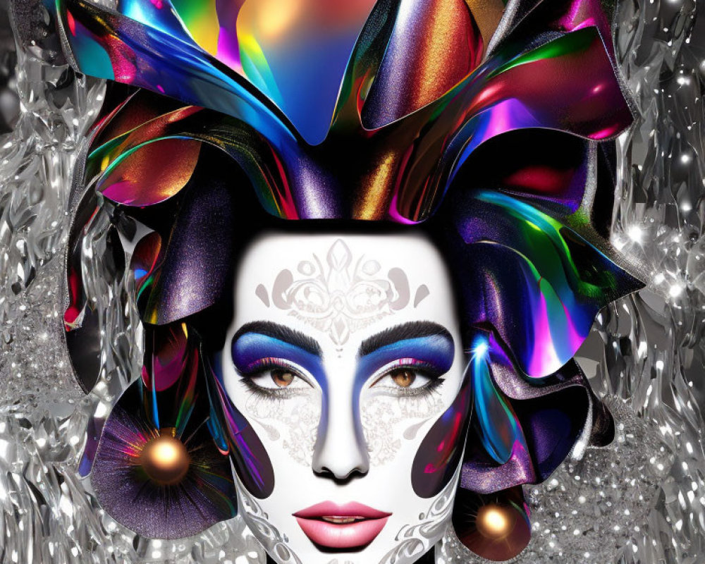 Colorful digital artwork of a person with elaborate headgear and makeup on silver background