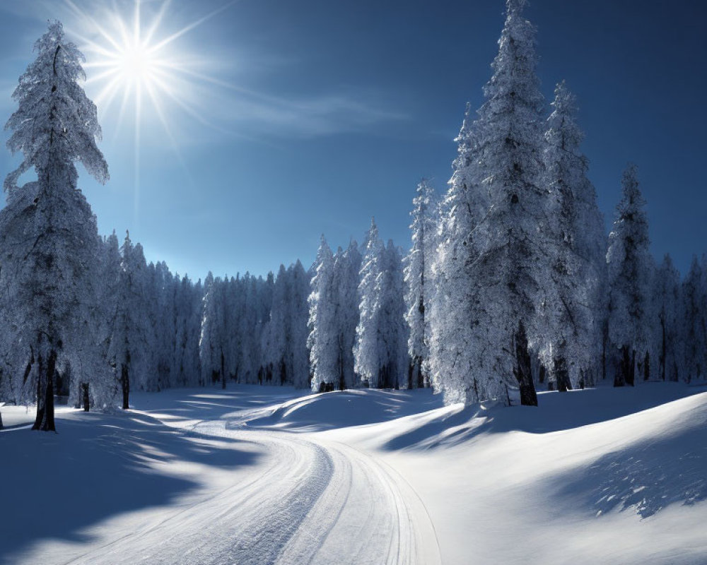 Snowy Landscape with Sunburst and Frosted Trees in Clear Sky