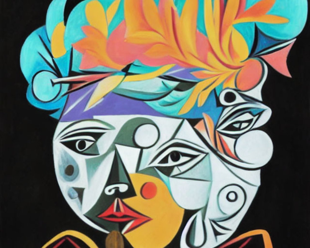 Abstract portrait with geometric shapes and vibrant feathers in Cubist style.
