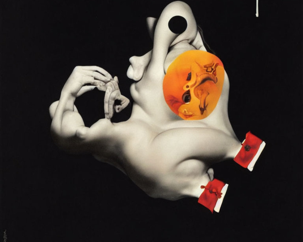 Surrealist Artwork: Torso with Orange Sphere Head, Floating Fish, Heart Hands, Red