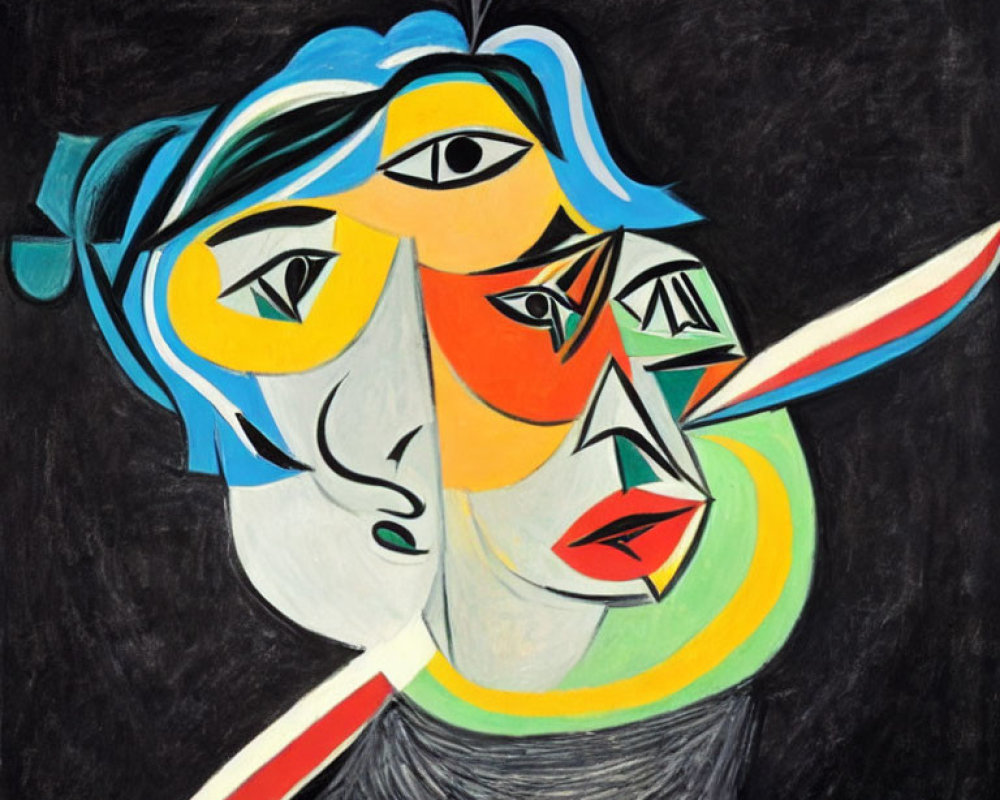 Colorful Cubist Portrait with Multiple Features on Dark Background